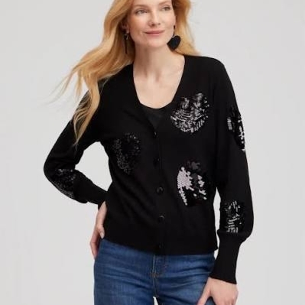 NWT Chico's Sequin Hearts Cardigan, Sz M